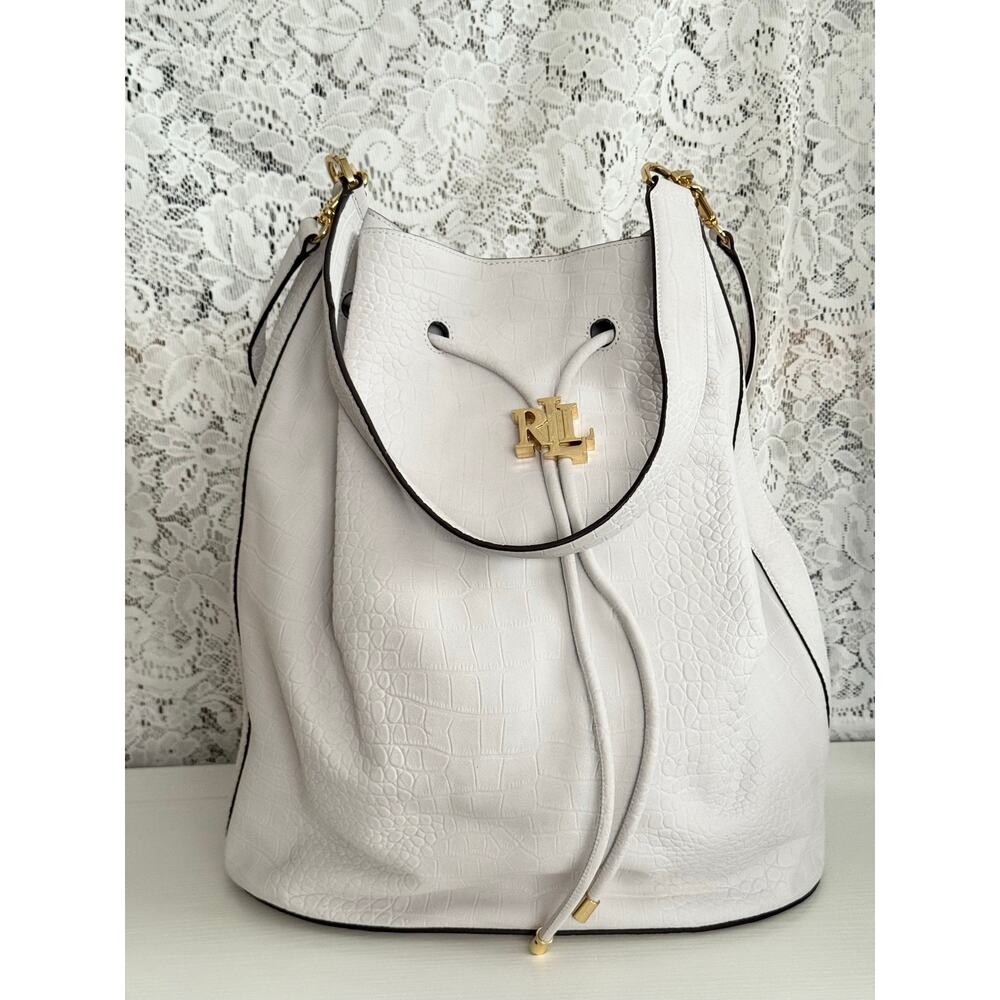 Lauren Ralph Lauren Andie Croc Embossed Drawstring Bucket Bag White Gray - Picture 6 of 12
